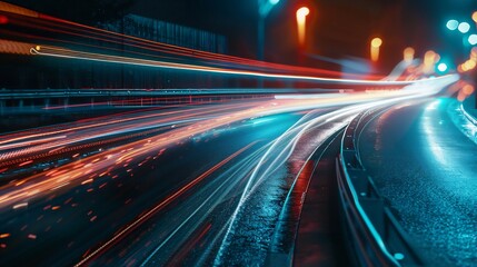 Abstract image of night traffic lights on the road. Car light trails at night in curve asphalt road. Long exposure showing movement of cars from bridge or drone