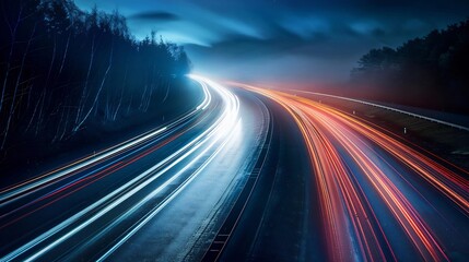 Obraz premium Abstract image of night traffic lights on the road. Car light trails at night in curve asphalt road. Long exposure showing movement of cars from bridge or drone