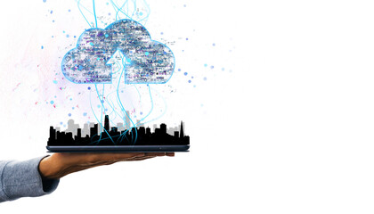 A hand holds a tablet with a glowing digital cloud hologram floating above it. White background, concept of cloud computing and data storage