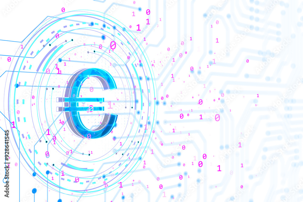 Fototapete a glowing holographic euro symbol with surrounding binary code, set against a white background, repr