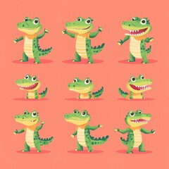 A colorful illustration of cartoon crocodiles in various poses and expressions.