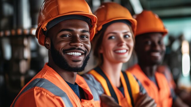 Group of young construction worker Happy smiling standing posing together