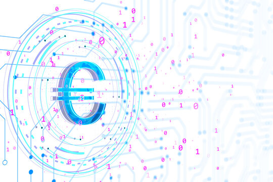 A glowing holographic Euro symbol with surrounding binary code, set against a white background, representing digital currency concepts. 3D Rendering