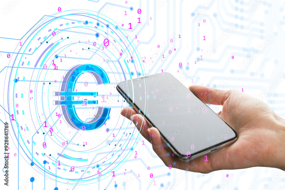 Poster Digital Euro symbol with smartphone in hand surrounded by binary code, cyber style on a white background. Concept of digital currency