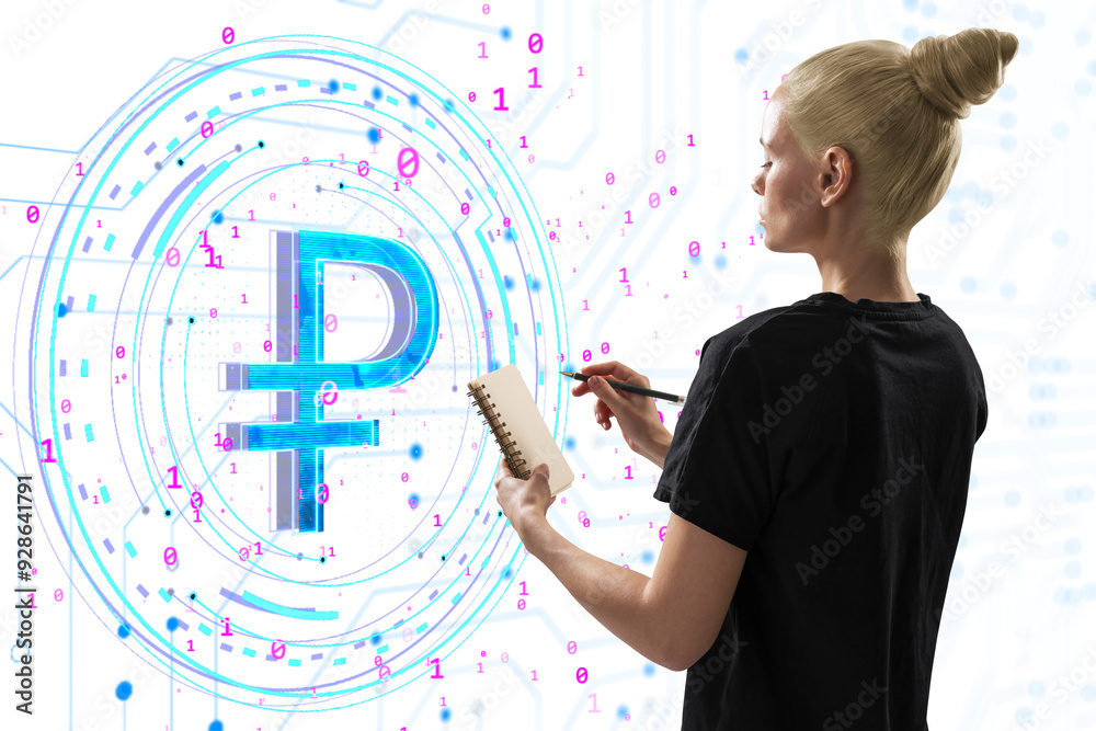 Poster Woman holding a notebook and pen, analyzing a glowing digital ruble symbol hologram on a white background filled with binary code, concept of digital currency and technology