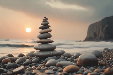 Balanced Rock Tower on Beach at Sunset