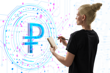 Woman holding a notebook and pen, analyzing a glowing digital ruble symbol hologram on a white background filled with binary code, concept of digital currency and technology