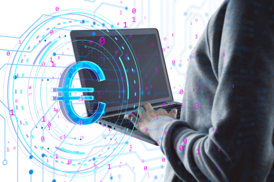 Person using a laptop with virtual Euro symbol and binary code on a digital background. Concept of cryptocurrency and digital finance