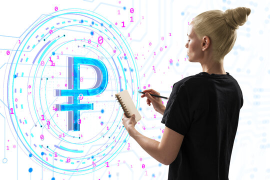 Woman holding a notebook and pen, analyzing a glowing digital ruble symbol hologram on a white background filled with binary code, concept of digital currency and technology
