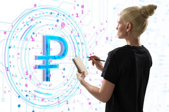 Woman holding a notebook and pen, analyzing a glowing digital ruble symbol hologram on a white background filled with binary code, concept of digital currency and technology