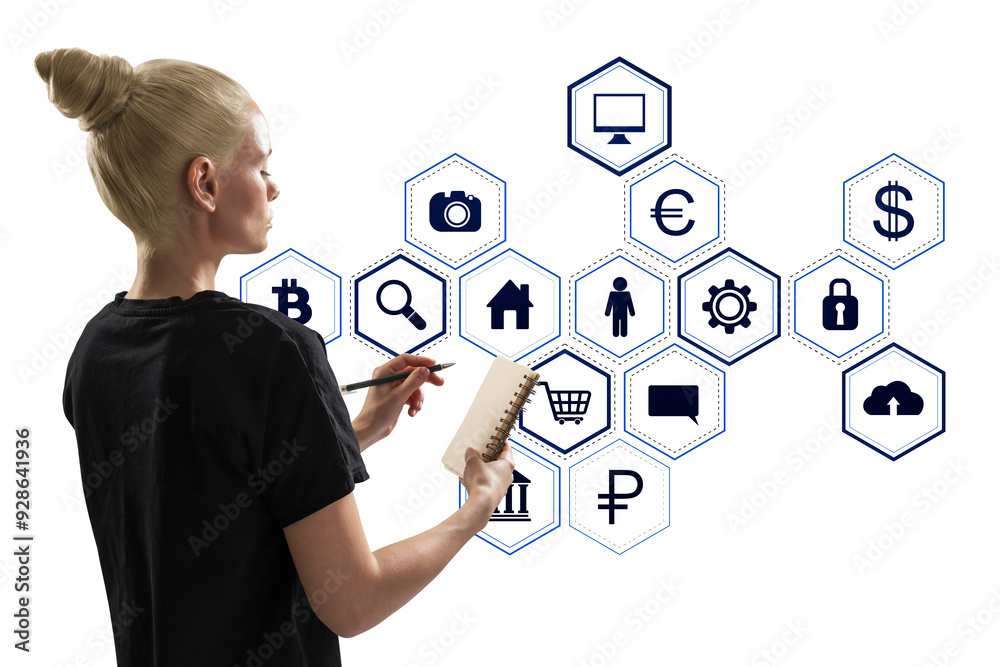 Poster woman writing in a notebook, facing virtual hexagonal icons on white background. concept of data, di