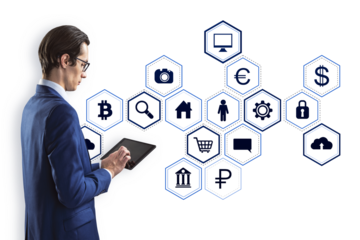 Businessman in a blue suit using a tablet, interacting with blue digital icons on a white background. Concept of digital technology and data
