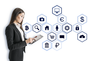 Businesswoman using a tablet, surrounded by white holographic business icons on a white background, representing digital space concept