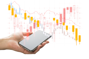 Hand holding smartphone with blank screen, overlaid with stock market candlestick chart, on white background. Concept of financial data and trading