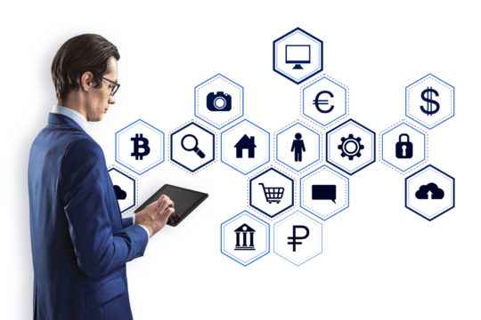 Businessman in a blue suit using a tablet, interacting with blue digital icons on a white background. Concept of digital technology and data