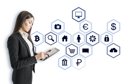 Businesswoman using a tablet, surrounded by white holographic business icons on a white background, representing digital space concept