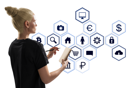Woman writing in a notebook, facing virtual hexagonal icons on white background. Concept of data, digital space, and modern design - Powered by Adobe