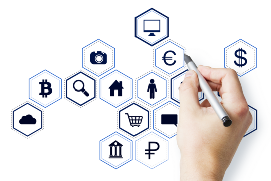 Hand holding a pen drawing various digital icons on a white background with hexagonal outlines, representing digital and cyber concepts