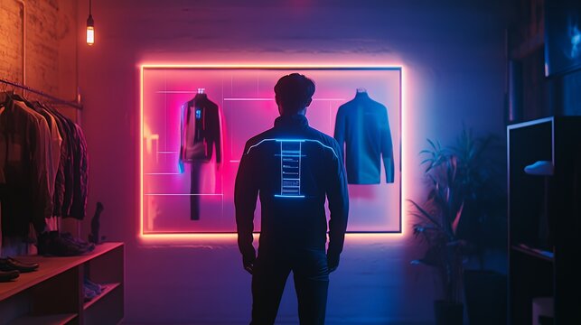 A man in a dark jacket stands in a dimly lit room with neon lights illuminating a digital display on his back.