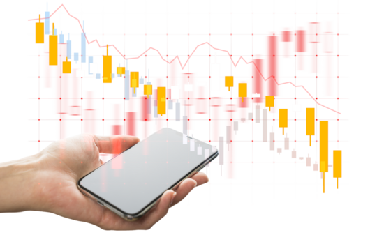 Hand holding smartphone with blank screen, overlaid with stock market candlestick chart, on white background. Concept of financial data and trading