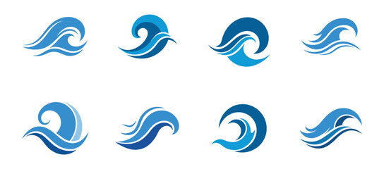 Blue wave icons in different shapes and styles. Vector cartoon illustration, ocean water logotype.