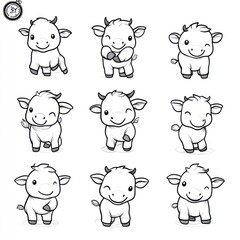Obraz premium A grid of cute cartoon cows in various poses and expressions.