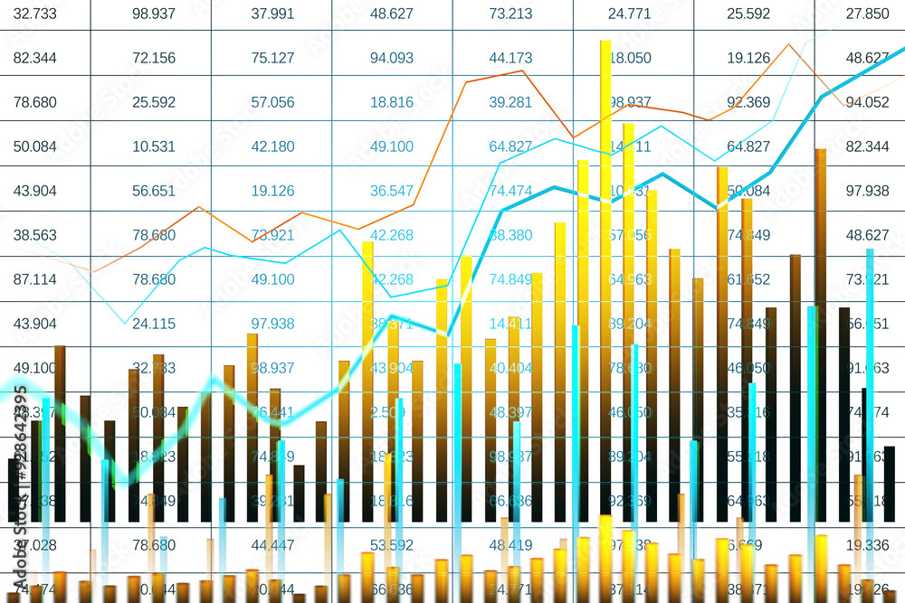 Poster A dynamic financial chart featuring colorful bars and lines on a white background. Represents data analysis, trends, and market performance. 3D Rendering