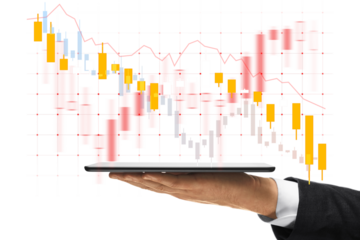 Businessman holding a tablet with financial stock market graph and candlestick chart, concept of analyzing data and finance, white background, modern design