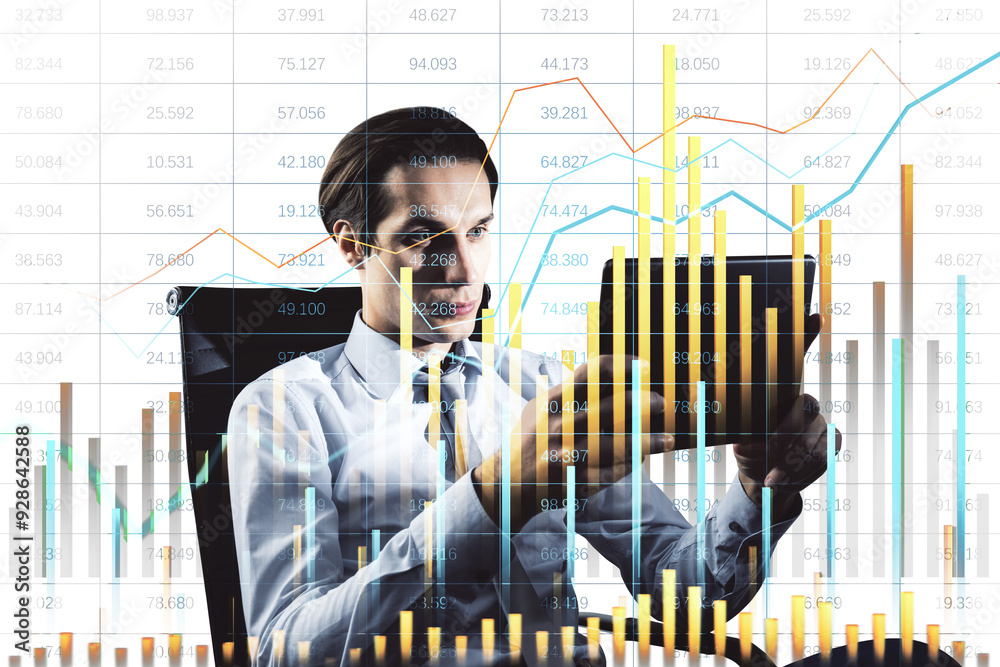 Sticker Businessman analyzing data on a tablet with financial graphs overlay. Modern digital graphic style on a white background. Concept of data analysis