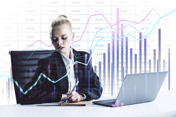 Businesswoman in formal attire analyzing financial data on a laptop with colorful graphs and charts overlayed on a white background, representing business and finance concepts
