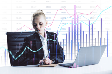 Businesswoman in formal attire analyzing financial data on a laptop with colorful graphs and charts overlayed on a white background, representing business and finance concepts