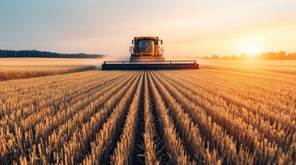Fototapeta premium A combine harvester operates in a golden wheat field under bright sunlight, collecting crops during the peak of the harvesting season