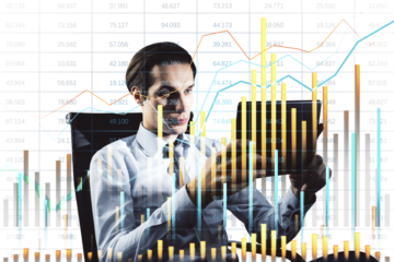 Businessman analyzing data on a tablet with financial graphs overlay. Modern digital graphic style on a white background. Concept of data analysis