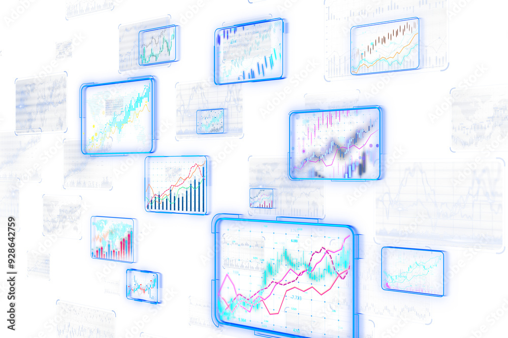Poster Various glowing neon data charts displayed in a futuristic style on a white background. Concept of digital technology and data analysis. 3D Rendering