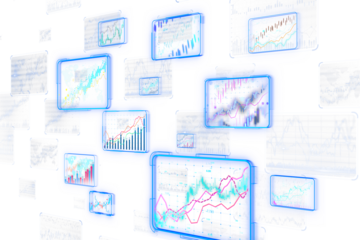 Various glowing neon data charts displayed in a futuristic style on a white background. Concept of digital technology and data analysis. 3D Rendering