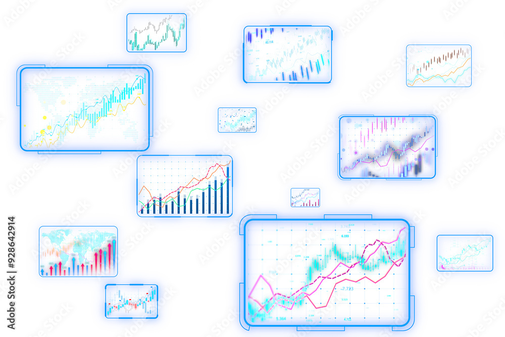 Leinwandbilder Multiple digital data screens displaying various financial charts and graphs on a white background. Concept of virtual data analysis. 3D Rendering