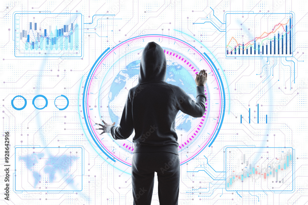 Poster Person in a hoodie interacts with a futuristic holographic display showing global data and charts on a white digital background, representing cyber technology