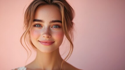 Fototapeta premium Young woman smiling with flawless skin and natural makeup on pink background
