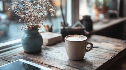 coffee cup and flower on wooden table