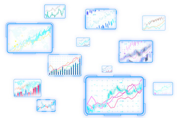 Multiple digital data screens displaying various financial charts and graphs on a white background....