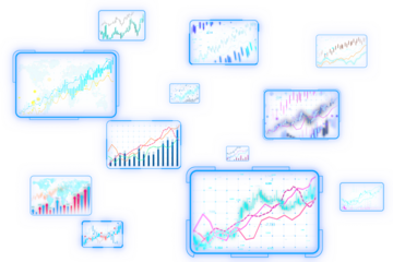 Multiple digital data screens displaying various financial charts and graphs on a white background. Concept of virtual data analysis. 3D Rendering