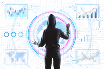 Person in a hoodie interacts with a futuristic holographic display showing global data and charts on a white digital background, representing cyber technology