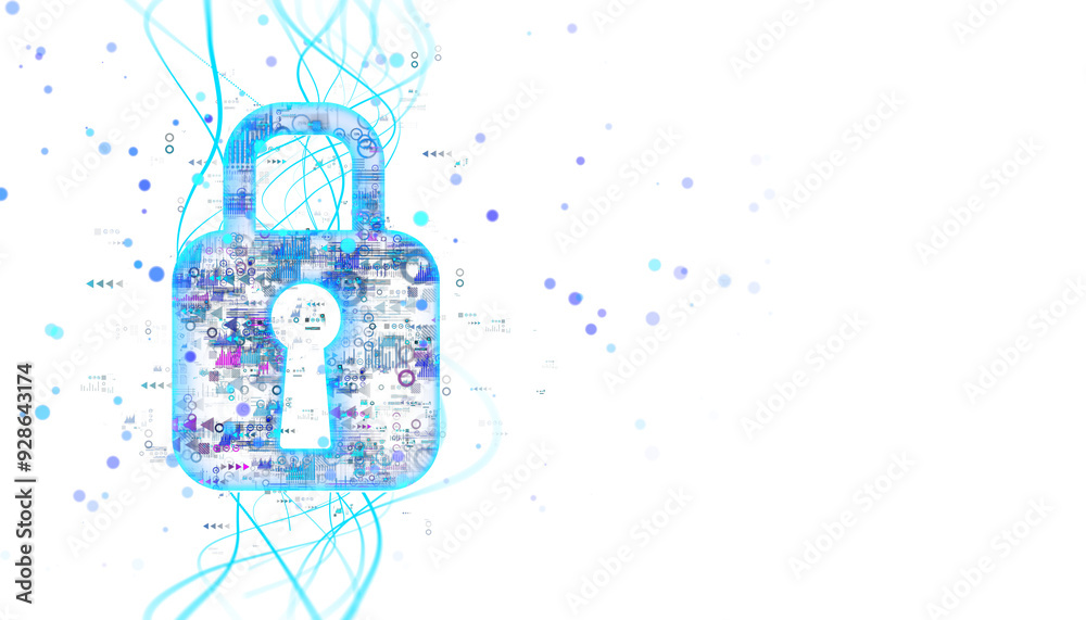 Leinwandbilder Digital padlock with intricate cyber lines and dots on a white background. Concept of cybersecurity and data protection. 3D Rendering