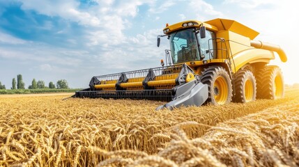 Fototapeta premium A combine harvester operates in a golden wheat field under bright sunlight, collecting crops during the peak of the harvesting season
