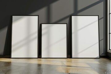 Living room black colors, white vertical Mock up frames with glass reflection.