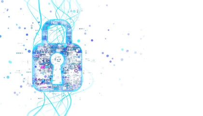 Digital padlock with intricate cyber lines and dots on a white background. Concept of cybersecurity...