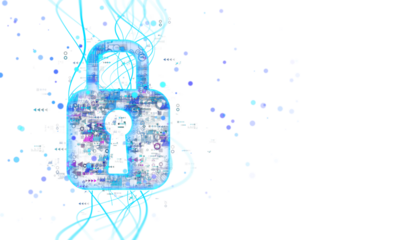 Digital padlock with intricate cyber lines and dots on a white background. Concept of cybersecurity and data protection. 3D Rendering