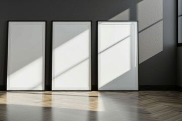 Fototapeta premium Living room black colors, white vertical Mock up frames with glass reflection.