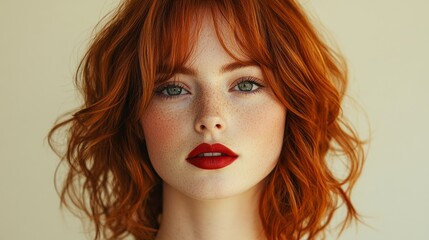 Fototapeta premium Beautiful young woman with red hair and freckles posing on beige background