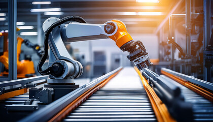 industrial robot arm working efficiently conveyor belt factory setting